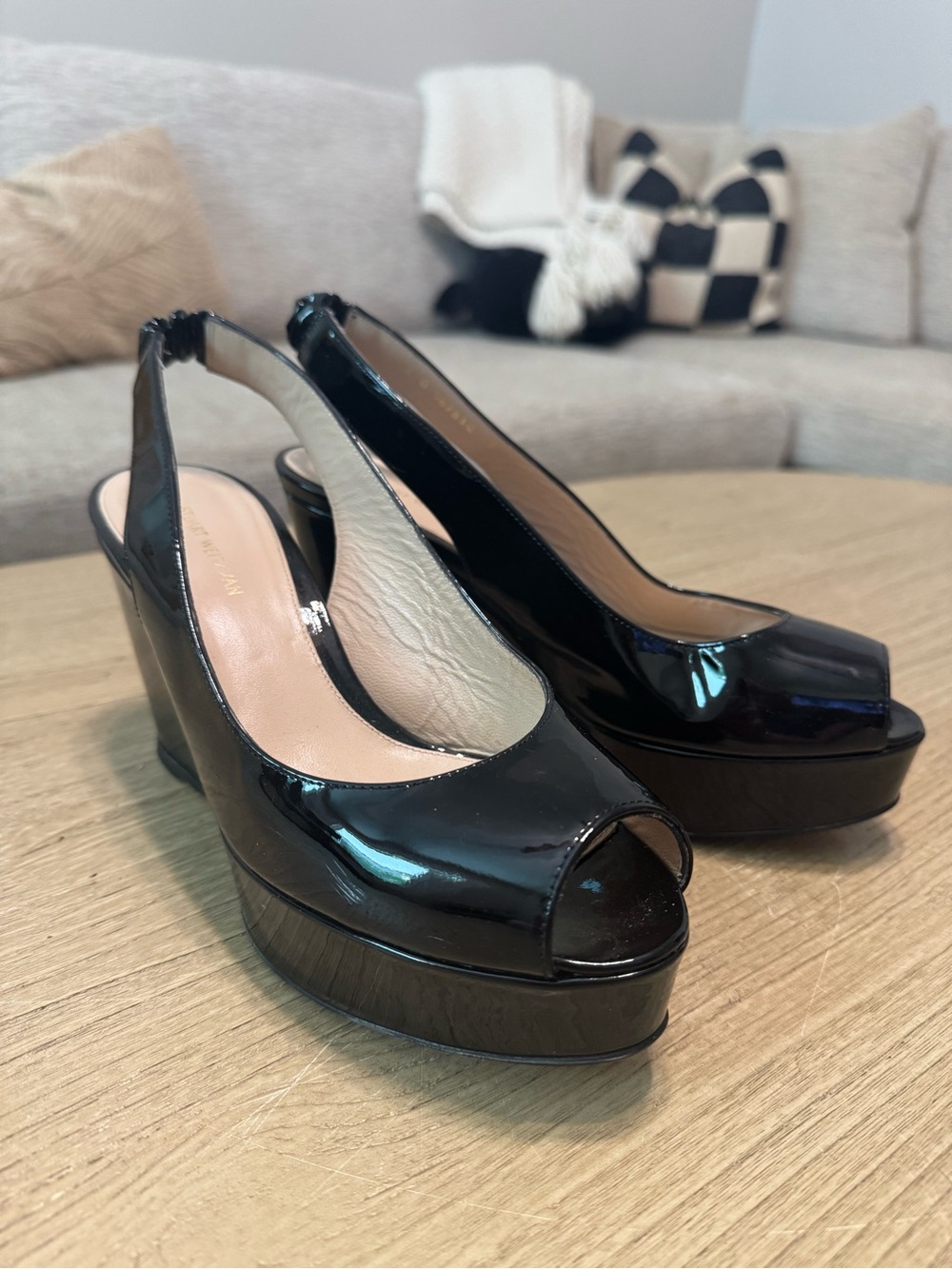 Stuart Weitzman Black Patent Peep-Toe Platform Slingback Heels